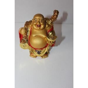 Feng Shui Laughing Buddha with Coin & Ingot For Wealth Resin Statue Figurine